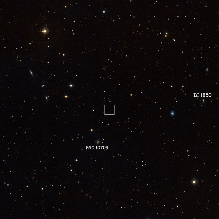 DSS image of region near Marth's position for NGC 1111, showing the two objects (IC 1850 and PGC 10709) often but probably mistakenly listed as that NGC object
