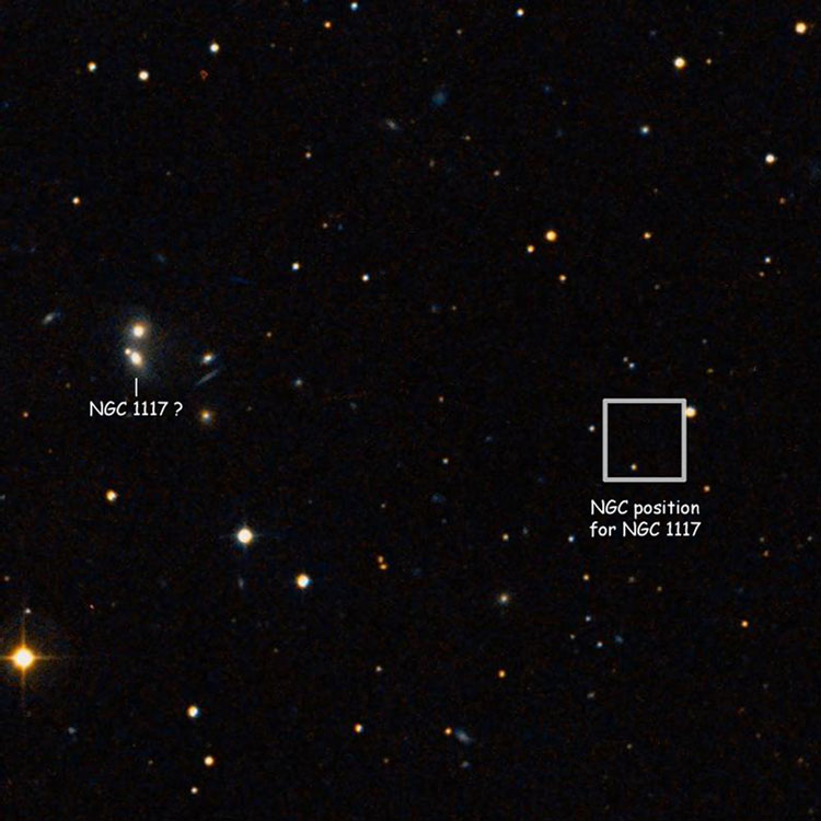 DSS image showing the NGC position of NGC 1117 and the location of the elliptical galaxy that may be NGC 1117