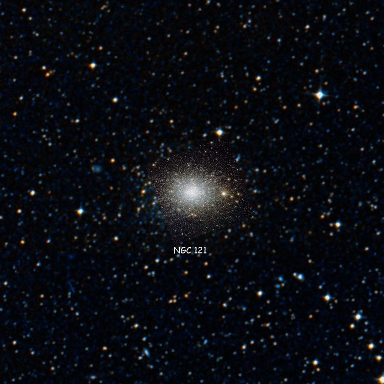 HST image of Small Magellanic Cloud globular cluster NGC 121, overlaid on a DSS background of the region near the cluster