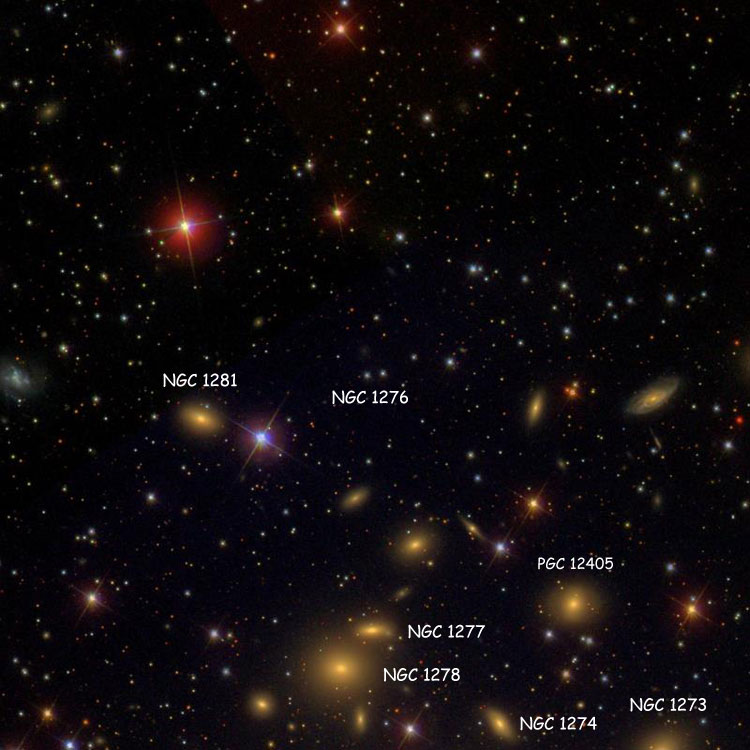 SDSS image of region near the pair of stars listed as NGC 1276, also showing NGC 1273, NGC 1274, NGC 1277, NGC 1278, NGC 1281 and PGC 12405 (which is often misidentified as IC 1907)