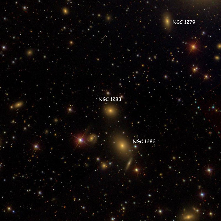 SDSS image of region near elliptical galaxy NGC 1283, also showing NGC 1279 and NGC 1282