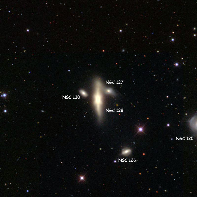 SDSS image of region near lenticular galaxy NGC 128, also showing NGC 126, NGC 127, NGC 130 and part of NGC 125