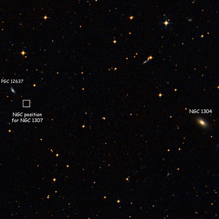 DSS image showing the NGC position for NGC 1307, also showing NGC 1304 and PGC 12637