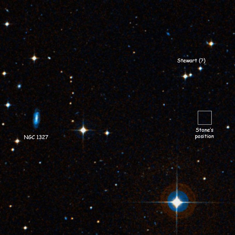 DSS image of region near spiral galaxy PGC 12795, which is probably NGC 1327, also showing Stone's position, and the triplet of stars that is thought to be what Stewart observed