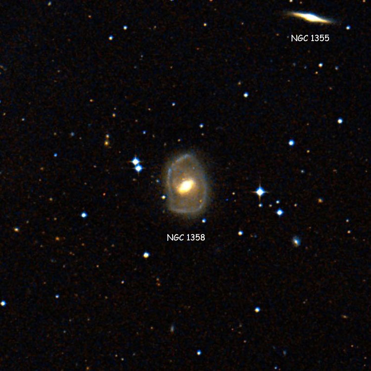 DSS image of spiral galaxy NGC 1358, also showing NGC 1355