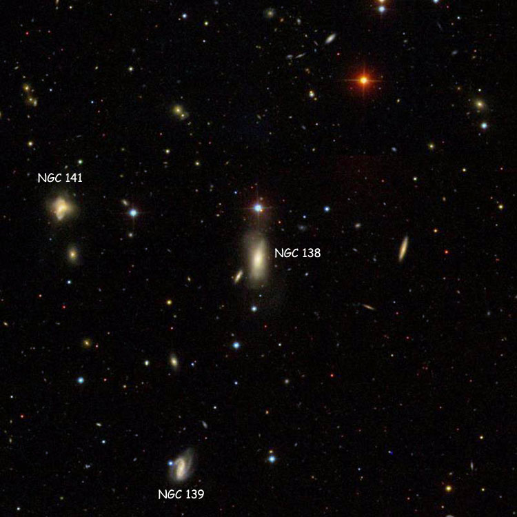 SDSS image of region near lenticular galaxy NGC 138, also showing NGC 139 and NGC 141