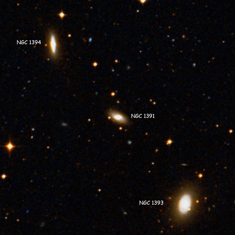 DSS image of region near lenticular galaxy NGC 1391, also showing NGC 1393 and NGC 1394