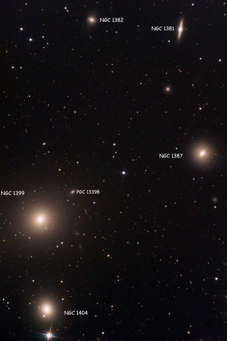 Observatorio Antilhue image of part of the Fornax Cluster of galaxies, showing NGC 1381, NGC 1382, NGC 1387, NGC 1396, NGC 1399 and NGC 1404