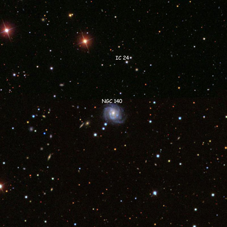 SDSS image of region near spiral galaxy NGC 140, also showing the double star listed as IC 24