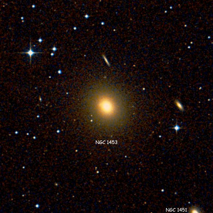 DSS image of region near elliptical galaxy NGC 1453, also showing part of NGC 1451