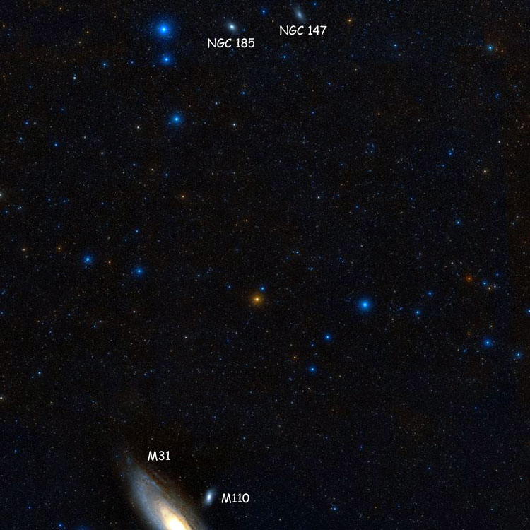 DSS image of region between elliptical galaxy NGC 147 and M31, also showing NGC 185 and M110