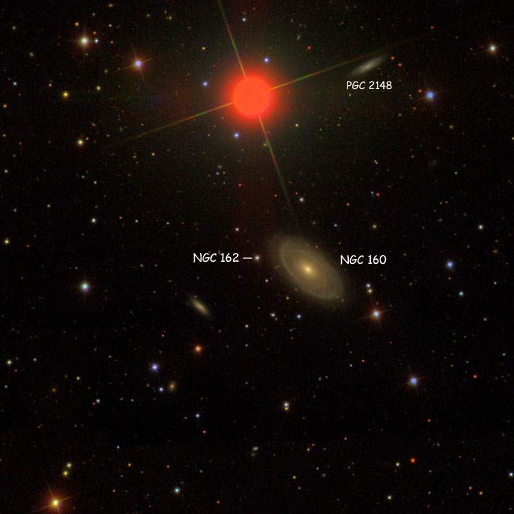 SDSS image of region near the star listed as NGC 162, also showing NGC 160 and PGC 2148 (which is often misidentified as NGC 162)