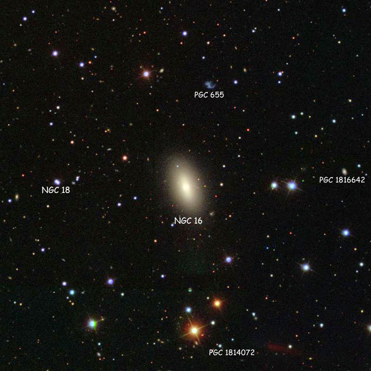 SDSS image of region near lenticular galaxy NGC 16, also showing the double star listed as NGC 18 and several PGC objects