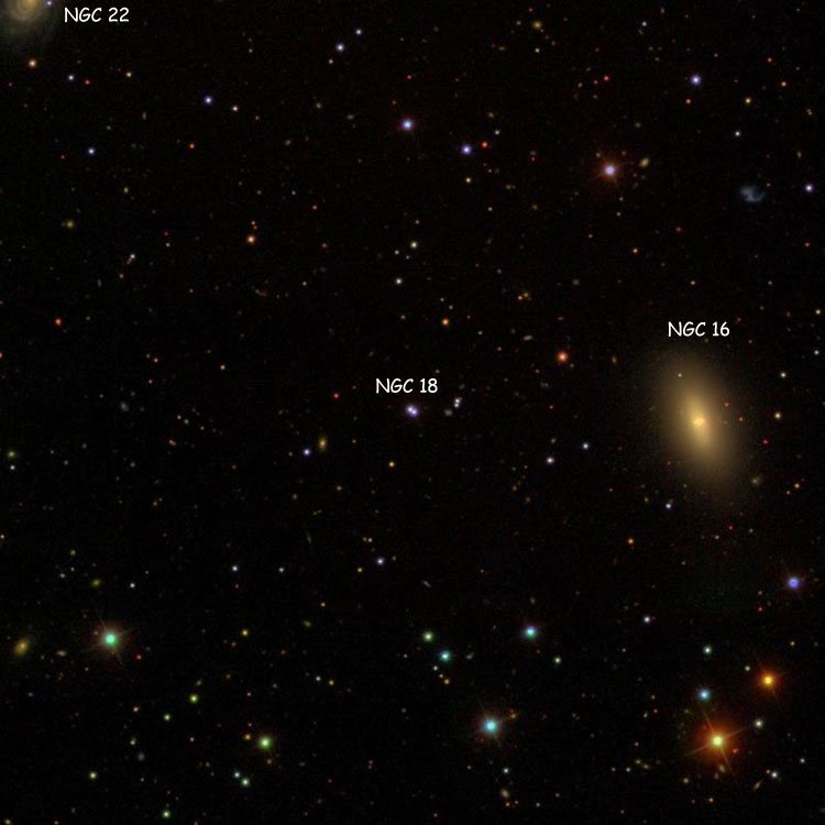 SDSS image of region near the pair of stars listed as NGC 18, also showing NGC 16 and part of NGC 22