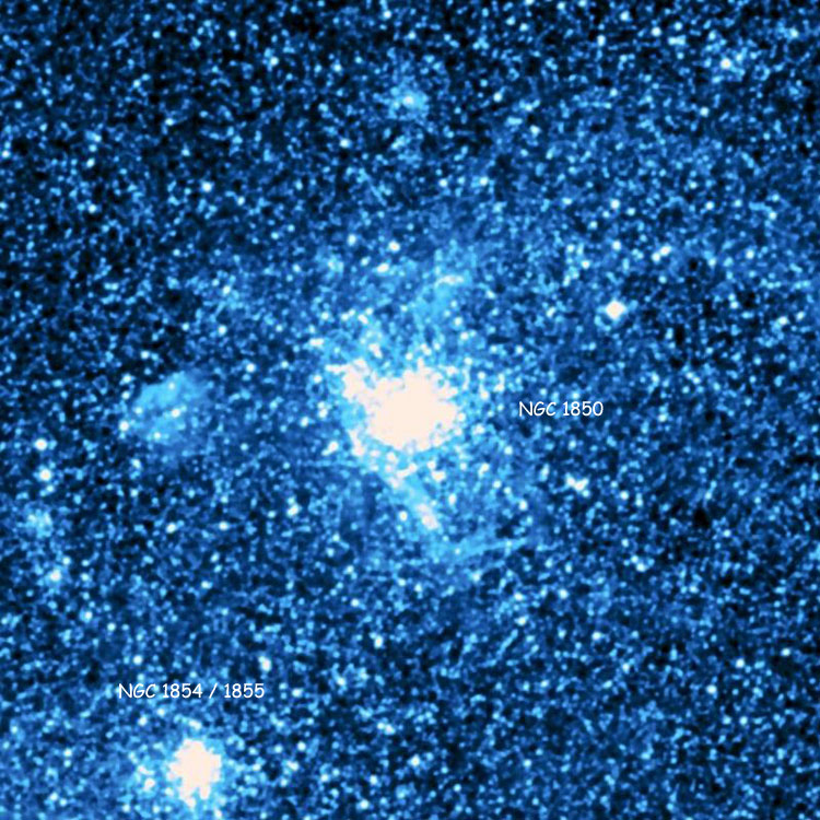 DSS image of open cluster NGC 1850, in the Large Magellanic Cloud, also showing the LMC globular cluster listed as NGC 1854 and 1855