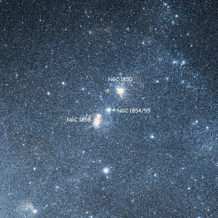 DSS image of the position of globular cluster NGC 1854 (the bright core of the cluster) / 1855 (which includes its extended halo) relative to the Large Magellanic Cloud