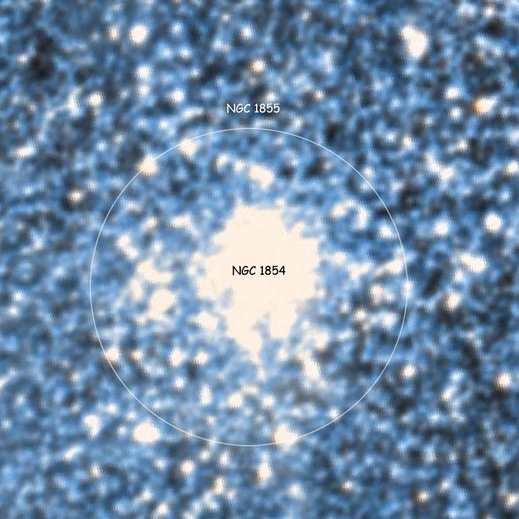 DSS image of the globular cluster listed as NGC 1854 and 1855, in the Large Magellanic Cloud, using an outline to show the outer (NGC 1855) regions of the globular cluster