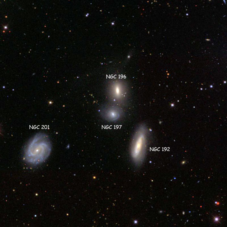 SDSS image of region near spiral galaxy NGC 197, also showing NGC 192, NGC 196 and NGC 201; the four galaxies comprise Hickson Compact Group 7