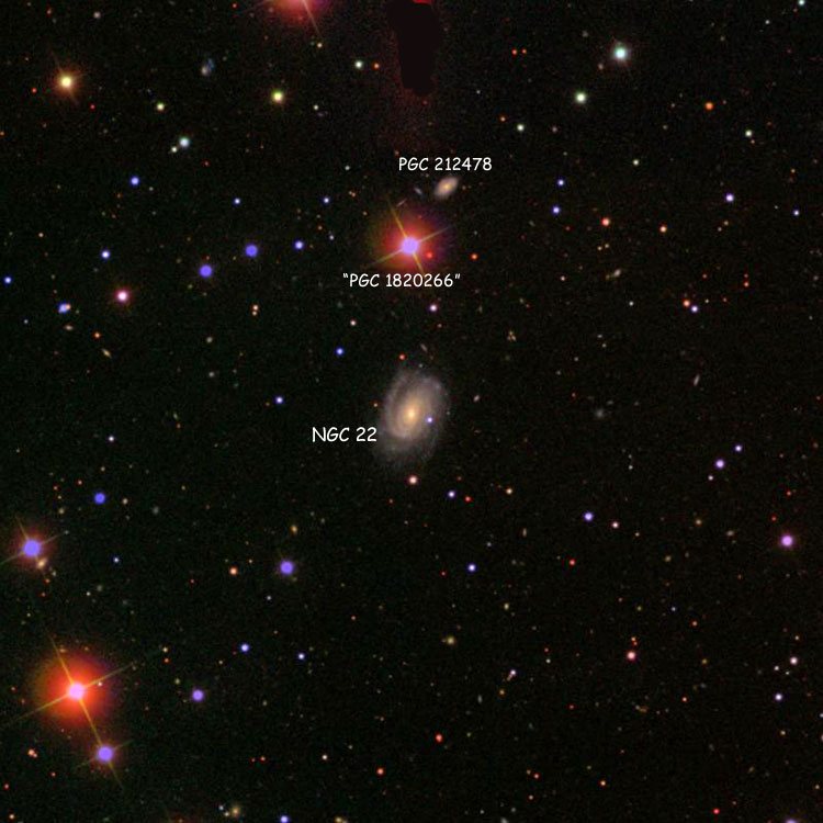 SDSS image of region near spiral galaxy NGC 22, also showing several PGC objects