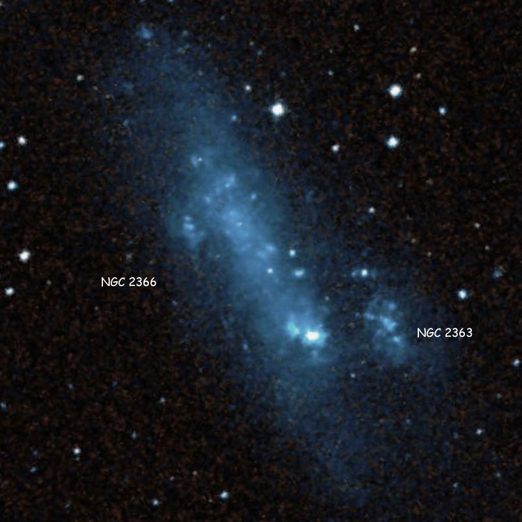 DSS image of irregular galaxy NGC 2366, also showing the companion or portion of the galaxy that should be listed as NGC 2363