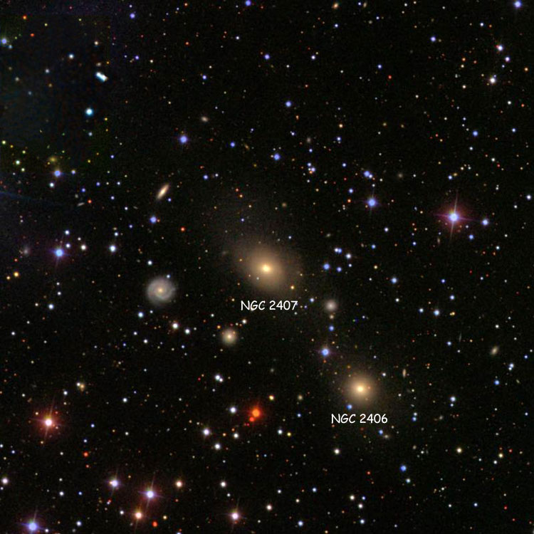 SDSS image of region near lenticular galaxy NGC 2407, using a DSS cutout to remove glare from a nearby star; also shown is NGC 2406