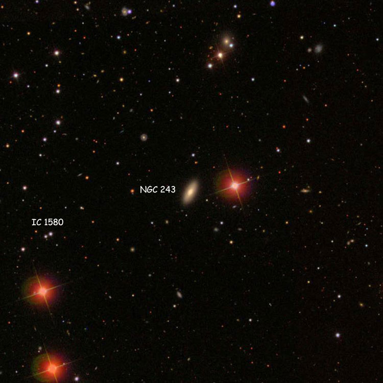 SDSS image of region near lenticular galaxy NGC 243, also showing the pair of stars listed as IC 1580