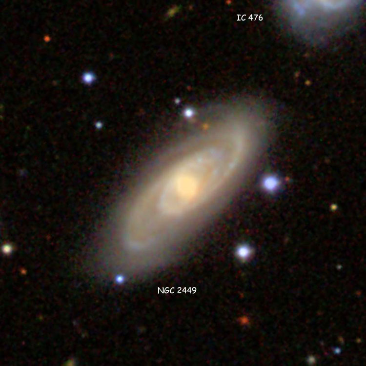 SDSS image of spiral galaxy NGC 2449, also showing part of spiral galaxy IC 476