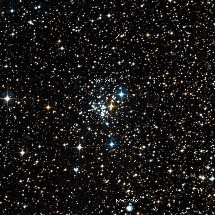 DSS image of region near open cluster NGC 2453, also showing NGC 2452