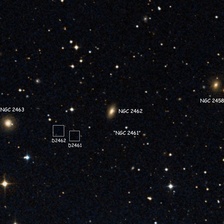 DSS image of region near the star listed as NGC 2461, also showing spiral galaxies NGC 2458 and 2462, and elliptical galaxy NGC 2463