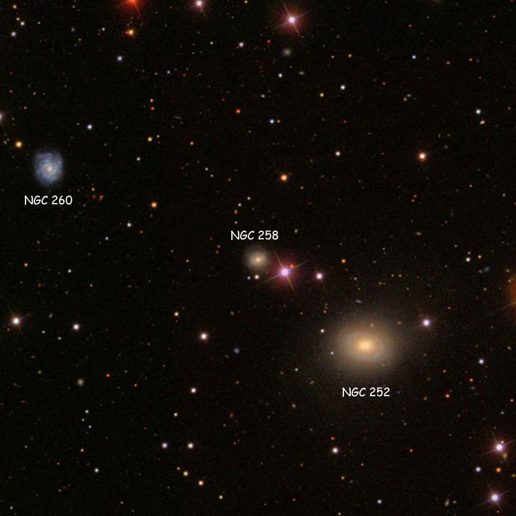 SDSS image of region near lenticular galaxy NGC 258, also showing NGC 252 and NGC 260