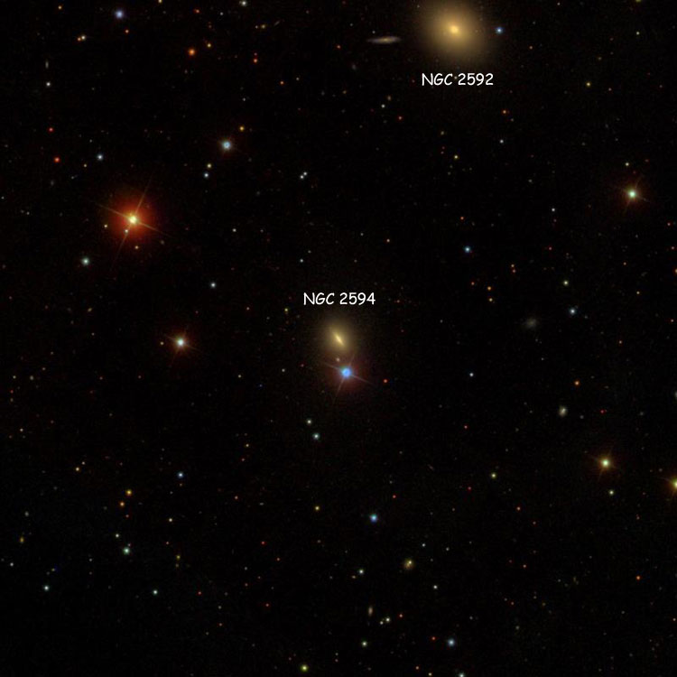 SDSS image of region near lenticular galaxy NGC 2594, also showing NGC 2592