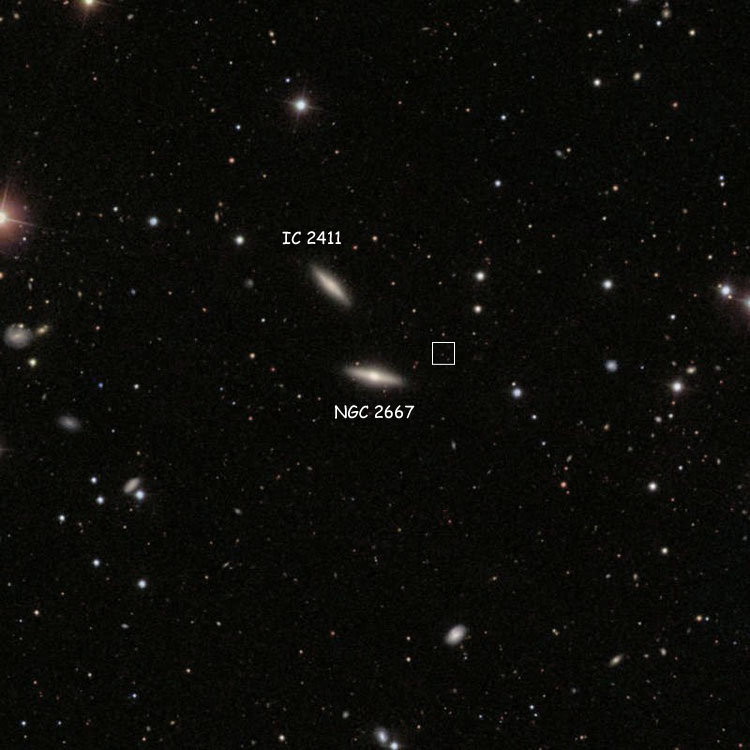 SDSS image of region near spiral galaxy NGC 2667, also showing IC 2411, which is sometimes bastardized as NGC 2667B