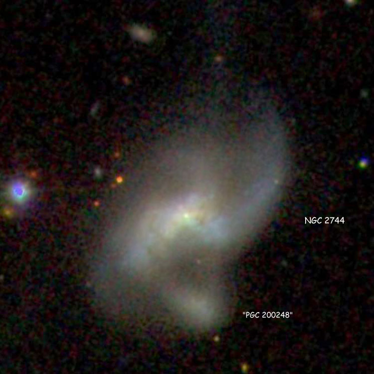 SDSS image of spiral galaxy NGC 2744, also showing the position of the putative PGC 200248