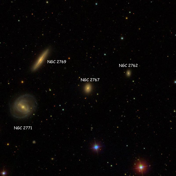 SDSS image of region near lenticular galaxy NGC 2767, also showing NGC 2762, NGC 2769 and NGC 2771