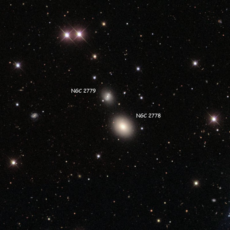 SDSS image of region near elliptical galaxy NGC 2778 and its possible companion, spiral galaxy NGC 2779