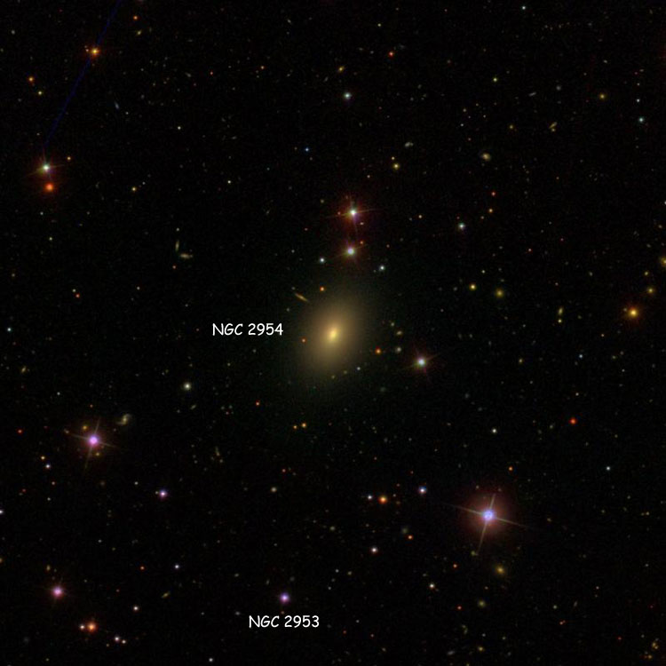 SDSS image of region near elliptical galaxy NGC 2954, also showing the star listed as NGC 2953