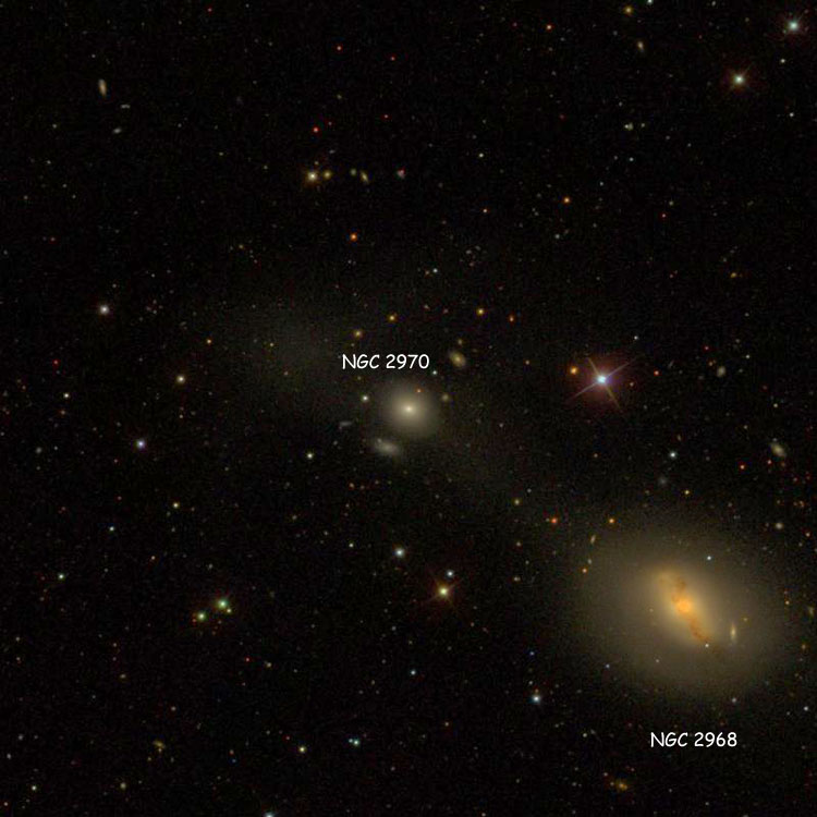 SDSS image of region near elliptical galaxy NGC 2970, also showing NGC 2968