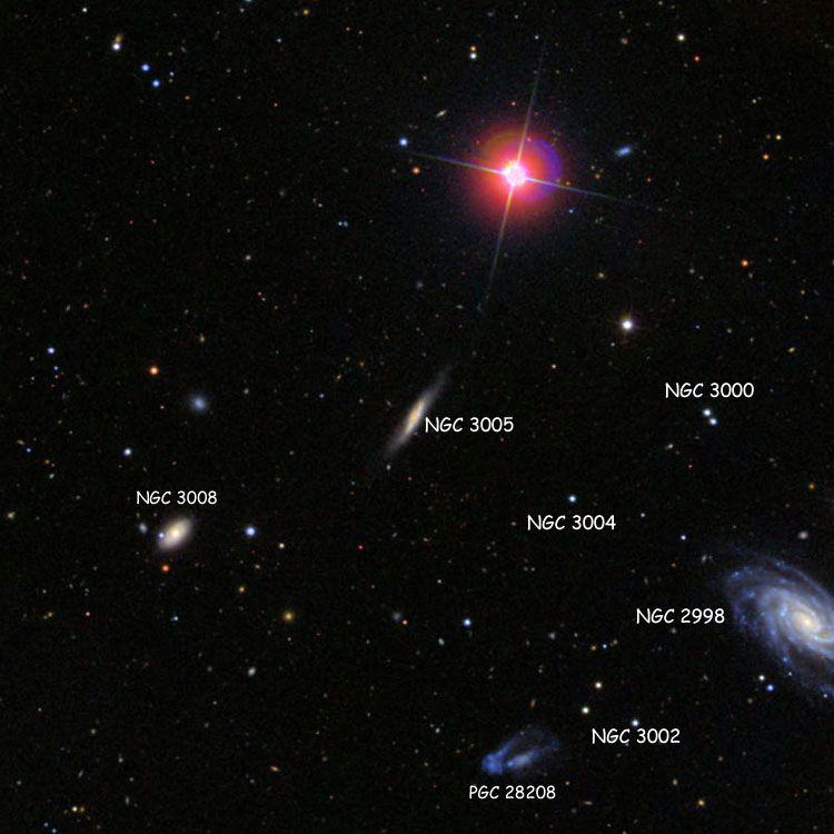 SDSS image of region near spiral galaxy NGC 3005, also showing NGC 2998, NGC 3000, NGC 3002, NGC 3004, NGC 3008 and PGC 28208, which is often misidentified as NGC 3002