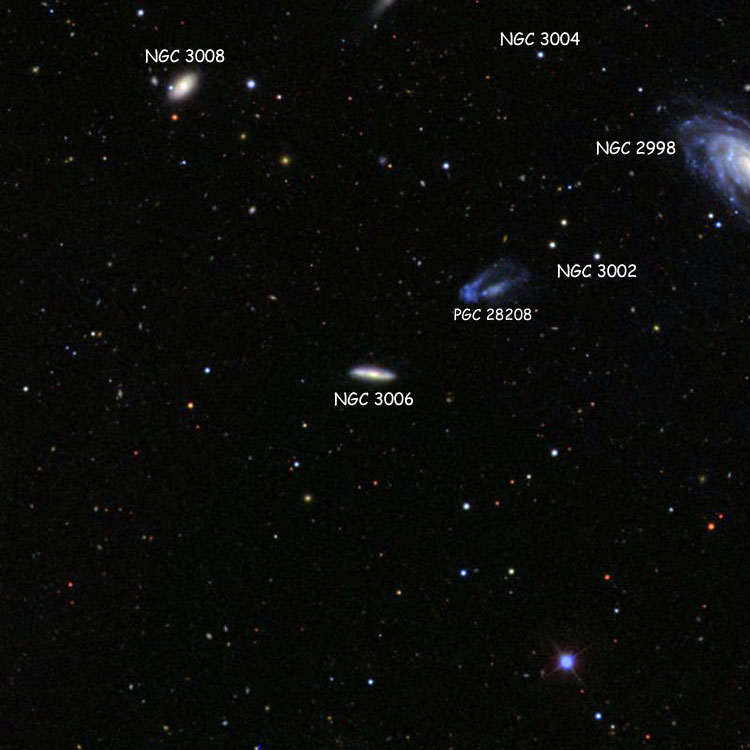 SDSS image of region near spiral galaxy NGC 3006, also showing NGC 3002, NGC 3004, NGC 3008 and PGC 28208, which is sometimes misidentified as NGC 3002