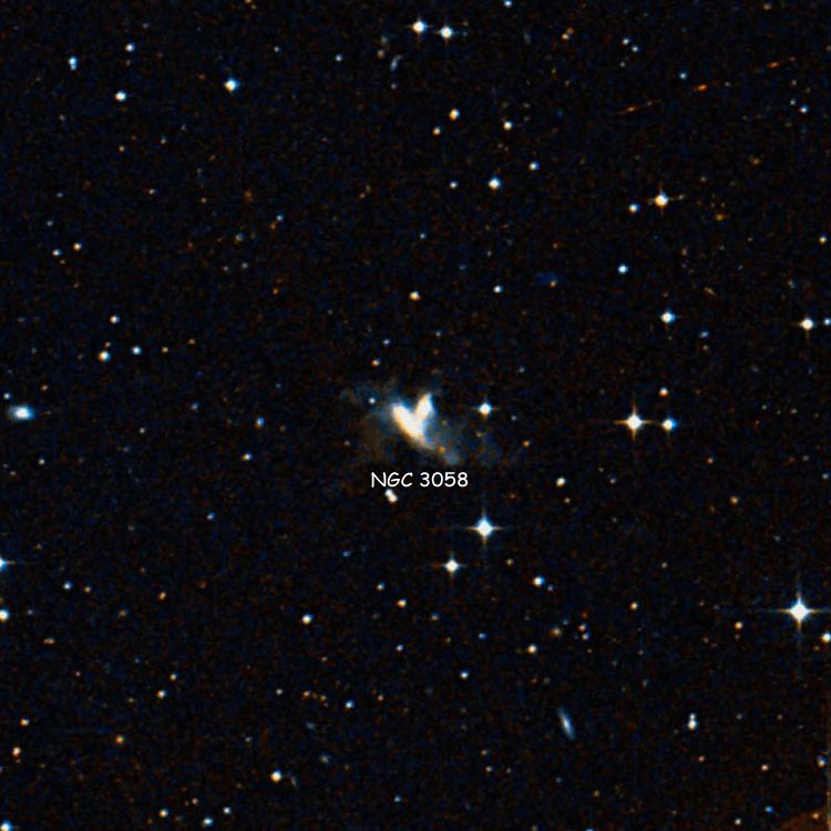 DSS image of region near interacting spiral galaxies IC 573 and PGC 3442467, which comprise NGC 3058
