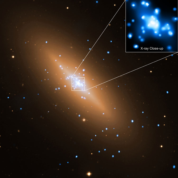 Chandra X-ray image of lenticular galaxy NGC 3115, also known as the Spindle Galaxy, superimposed on an ESO optical image