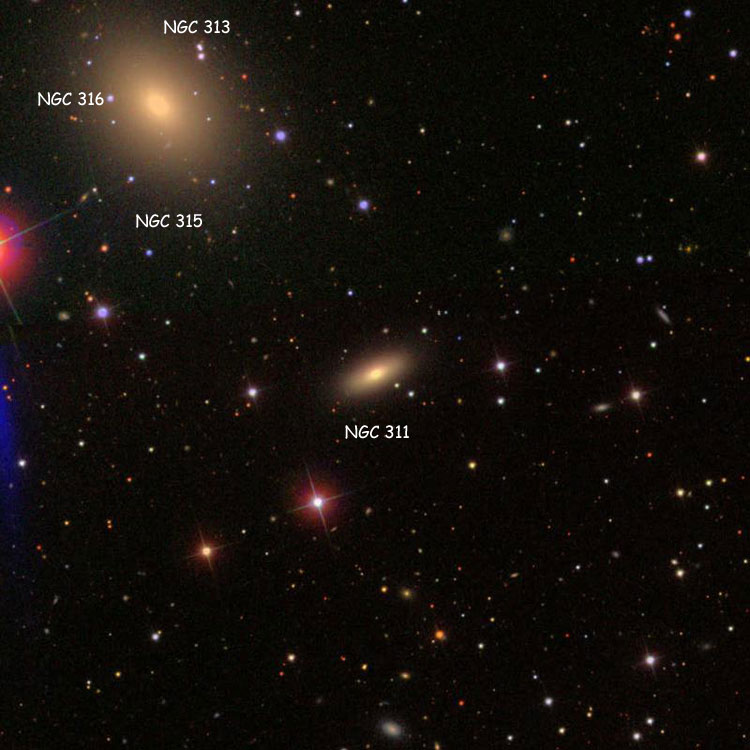 SDSS image of region near lenticular galaxy NGC 311, also showing NGC 313, NGC 315 and NGC 316