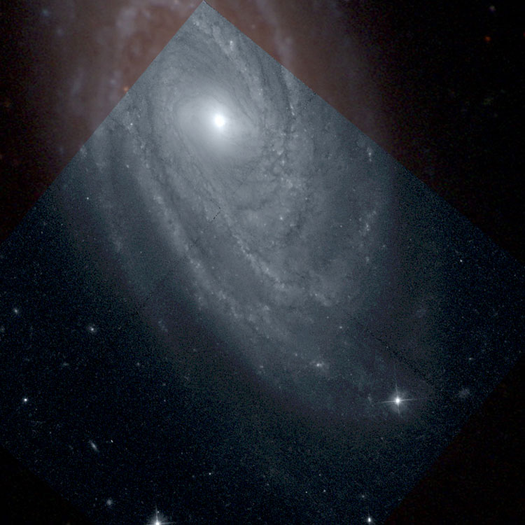 HST image of part of spiral galaxy NGC 3145 superimposed on a Carnegie-Irvine Galaxy Survey image to show their relative positions