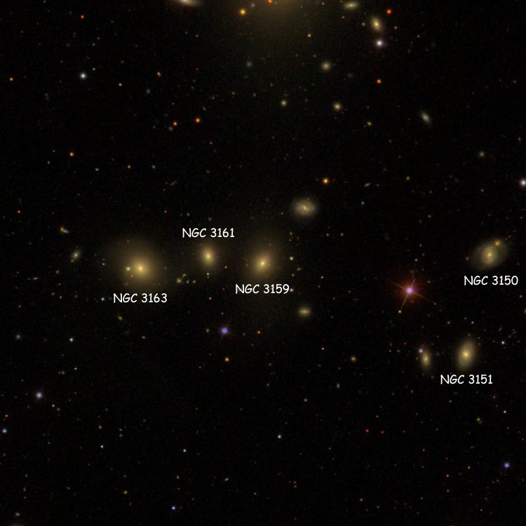 SDSS image of region near lenticular galaxy NGC 3159, also showing NGC 3150, NGC 3151, NGC 3161 and NGC 3163