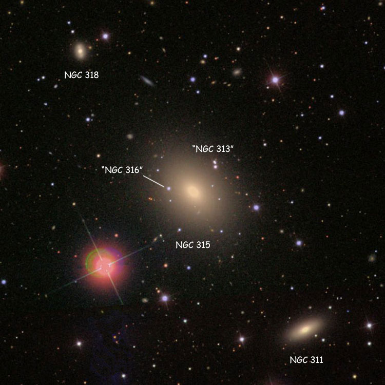 SDSS image of region near elliptical galaxy NGC 315, also showing NGC 311, NGC 313, NGC 316 and NGC 318