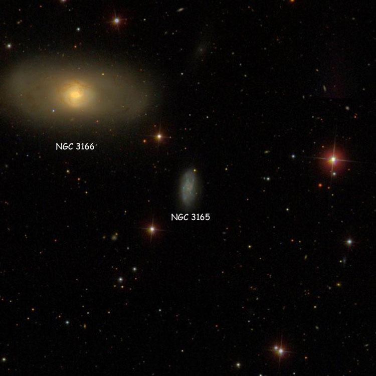 SDSS image of region near spiral galaxy NGC 3165, also showing NGC 3166