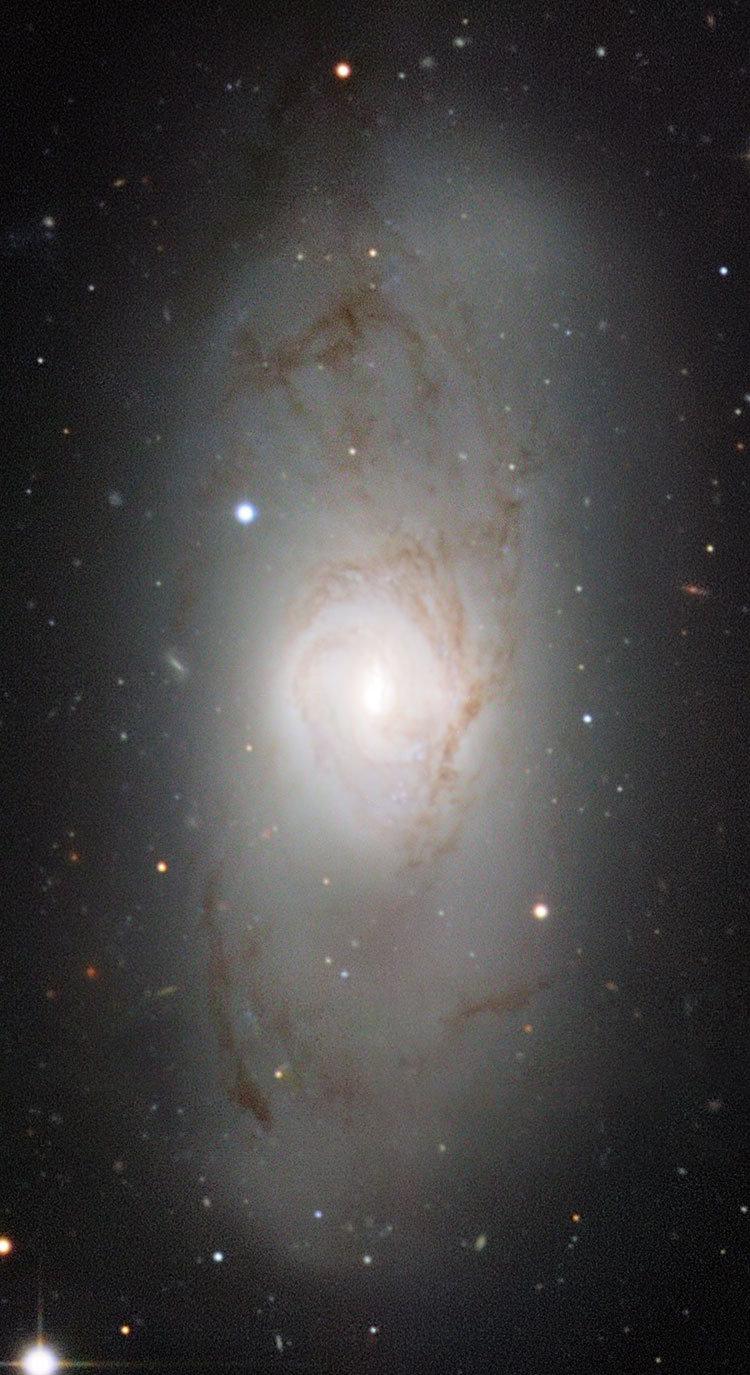 Overside ESO image of lenticular galaxy NGC 3166, rotated (with north on the right) to show greater detail