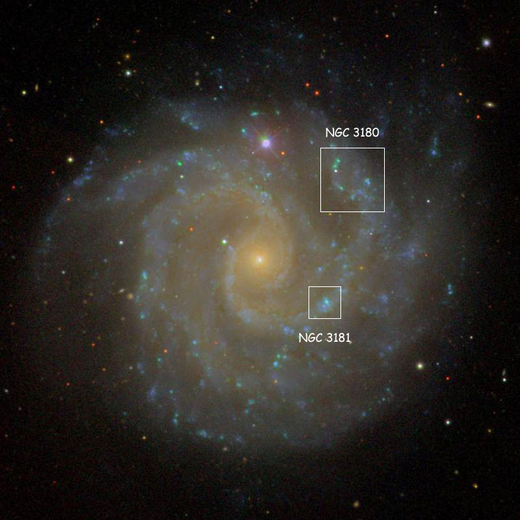 SDSS image of spiral galaxy NGC 3184, also showing ionized hydrogen regions NGC 3180 and NGC 3181