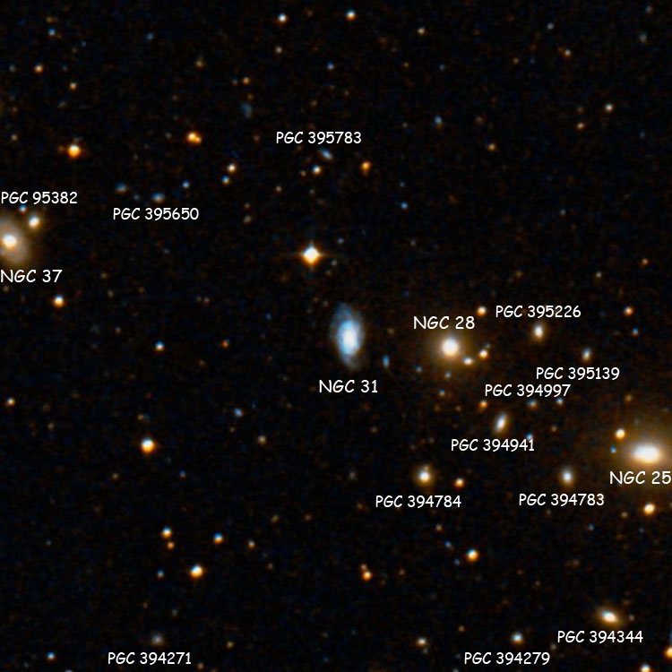 DSS image of region near spiral galaxy NGC 31, also showing NGC 25, NGC 28 and NGC 37, and a dozen PGC objects
