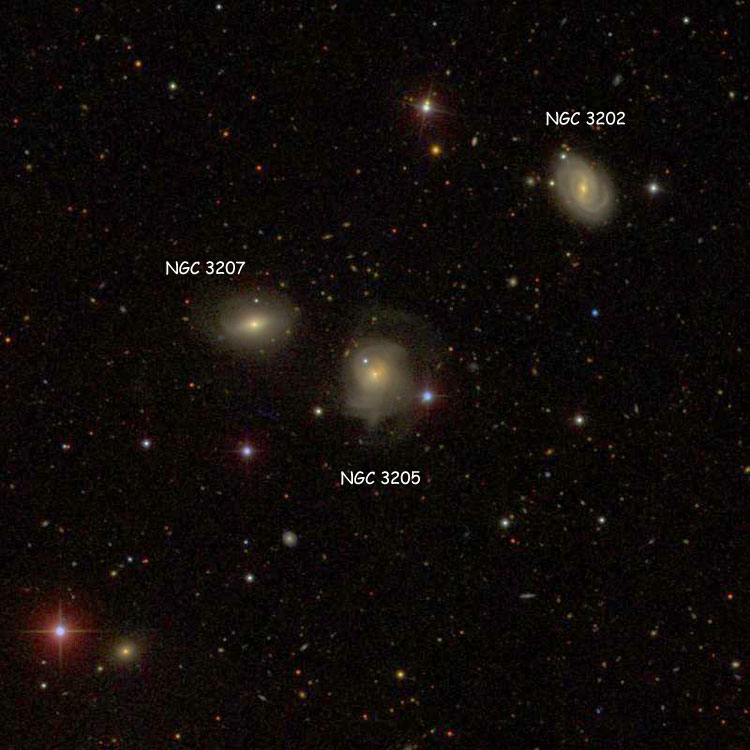 SDSS image of region near spiral galaxy NGC 3205, also showing NGC 3202 and NGC 3207